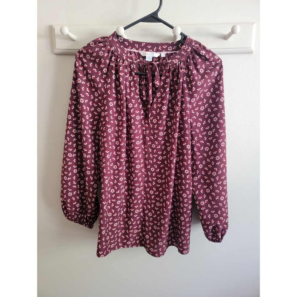 Boden Women's Maroon Floral Blouse Flouncy US 10 Boho Work Cottage Peasant EUC
